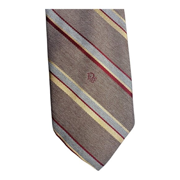 Vintage Christian Dior Striped Silk Tie Gray W/ Burgundy & Blue Accents - Picture 7 of 7